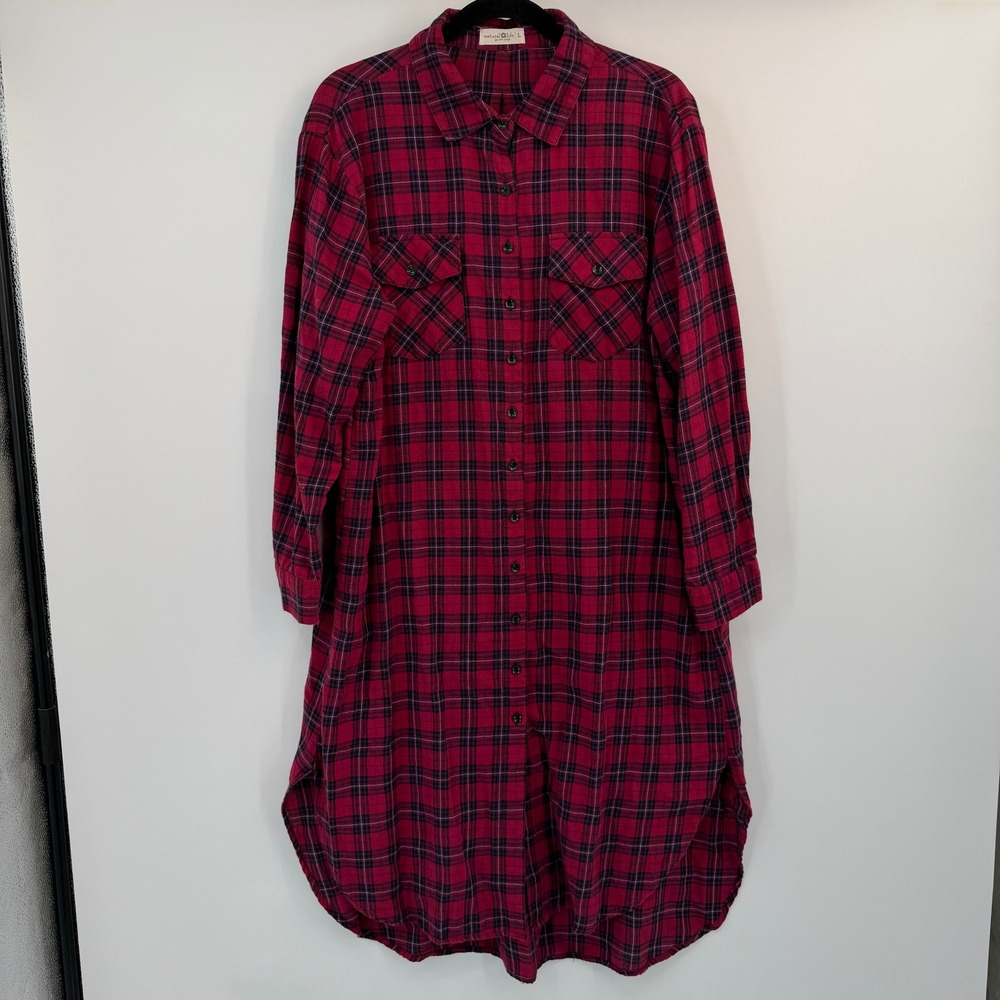 Natural Life Womens Large Red Plaid Cotton Button Down Shirt Dress Lumberjack